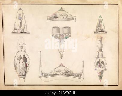 Art Inspired by Drawing with Seven Designs for Firearms Ornament, 1806, French, Pen and black ink, with gray wash and traces of graphite, on paper, 10 15/16 x 7 13/16 in. (27,8 x 19,8 cm), disegni, Jean-Francois Lucas (francese, 1747–1825), questi sette disegni sono studi originali realizzati, opere classiche modernizzate da Artotop con un tuffo di modernità. Forme, colore e valore, impatto visivo accattivante sulle emozioni artistiche attraverso la libertà delle opere d'arte in modo contemporaneo. Un messaggio senza tempo che persegue una nuova direzione selvaggiamente creativa. Artisti che si rivolgono al supporto digitale e creano l'NFT Artotop Foto Stock