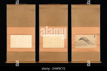 Art Inspired by Mountain and Calligraphy, Edo Period (1615–1868), 18th–19th Century, Japan, Album Leaves mounted as appeso Scrolls; Ink on paper, Image (a): 8 3/4 x 14 7/16 in. (22,2 x 36,7 cm), dipinti, Ike Taiga (giapponese, 1723–1776, opere classiche modernizzate da Artotop con un tuffo di modernità. Forme, colore e valore, impatto visivo accattivante sulle emozioni artistiche attraverso la libertà delle opere d'arte in modo contemporaneo. Un messaggio senza tempo che persegue una nuova direzione selvaggiamente creativa. Artisti che si rivolgono al supporto digitale e creano l'NFT Artotop Foto Stock