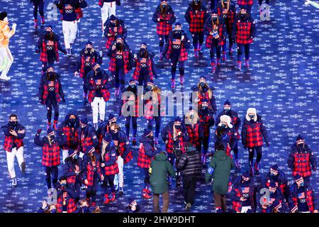La Delegazione degli Stati Uniti (USA), 20 FEBBRAIO 2022 : cerimonia di chiusura dei Giochi Olimpici invernali di Pechino 2022 allo Stadio Nazionale di Pechino, Cina. USA Foto Stock