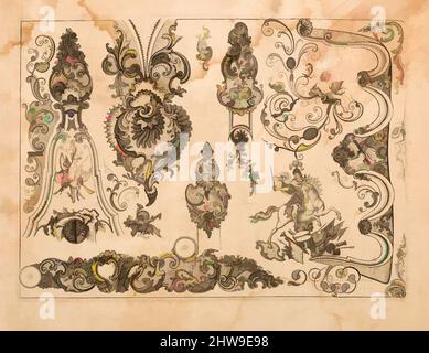 Arte ispirata al piatto nove di Nouveavx Desseins D'Arquebvseries, datata 1743, Parigi, francese, Parigi, Incisione, foglio: 8 1/2 x 6 5/8 pollici (21,6 x 16,8 cm); piastra: 7 1/4 x 5 1/4 poll. (18,4 x 13,3 cm), opere su incisioni su carta, il bello e inventiva ornamento disegni in modelli libri, opere classiche modernizzate da Artotop con un tuffo di modernità. Forme, colore e valore, impatto visivo accattivante sulle emozioni artistiche attraverso la libertà delle opere d'arte in modo contemporaneo. Un messaggio senza tempo che persegue una nuova direzione selvaggiamente creativa. Artisti che si rivolgono al supporto digitale e creano l'NFT Artotop Foto Stock