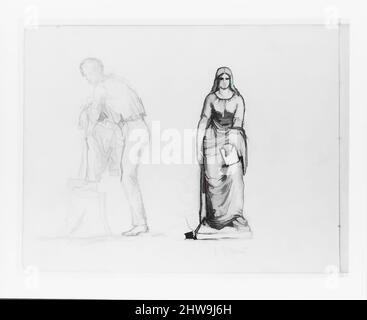 Arte ispirata dallo schizzo a tutta lunghezza di una figura maschile; Studio di una scultura di una figura femminile (forse di L. G. Mead?) (Da Sketchbook), ca. 1860, grafite su carta, 8 1/16 x 11 pollici (20,5 x 27,9 cm), disegni, John Quincy Adams Ward (americano, Urbana, Ohio 1830–1910 New York), Ward, a, opere classiche modernizzate da Artotop con un tuffo di modernità. Forme, colore e valore, impatto visivo accattivante sulle emozioni artistiche attraverso la libertà delle opere d'arte in modo contemporaneo. Un messaggio senza tempo che persegue una nuova direzione selvaggiamente creativa. Artisti che si rivolgono al supporto digitale e creano l'NFT Artotop Foto Stock