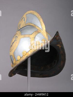 Arte ispirata da Morion per il Bodyguard del Principe-Elettore di Sassonia, ca. 1570, Norimberga, Tedesco, Norimberga, acciaio, oro, ottone, pelle, H. 11 3/8 poll. (28,9 cm); W. 9 1/4" (23,5 cm); D. 13 3/4" (34,9 cm); peso 4 libbre 5 once (1956 g), caschi, gli elettori della Sassonia sembrano, opere classiche modernizzate da Artotop con un tuffo di modernità. Forme, colore e valore, impatto visivo accattivante sulle emozioni artistiche attraverso la libertà delle opere d'arte in modo contemporaneo. Un messaggio senza tempo che persegue una nuova direzione selvaggiamente creativa. Artisti che si rivolgono al supporto digitale e creano l'NFT Artotop Foto Stock