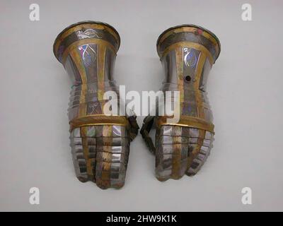 Arte ispirata da coppia di gauntlets da una garniture di Armor di Filippo II di Spagna (regnò 1554–58), 1546, Augusta, Tedesco, Augusta, Acciaio, pelle, oro, guanto (a); H. 10 poll. (25,5 cm); W. 4 3/4" (12 cm); D. 5" (12,7 cm); peso 1 libbre 1 once (475 g); guanto (b); H. 10" (25, opere classiche modernizzate da Artotop con un tuffo di modernità. Forme, colore e valore, impatto visivo accattivante sulle emozioni artistiche attraverso la libertà delle opere d'arte in modo contemporaneo. Un messaggio senza tempo che persegue una nuova direzione selvaggiamente creativa. Artisti che si rivolgono al supporto digitale e creano l'NFT Artotop Foto Stock