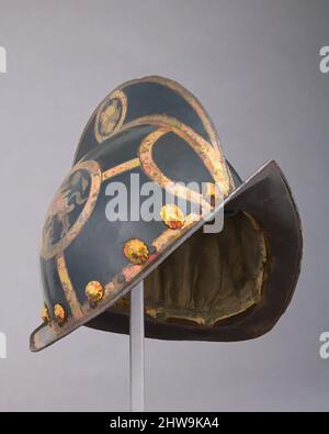 Arte ispirata da Morion per la Bodyguard del Principe-Elettore di Sassonia, datata 1568, Norimberga, Tedesco, Norimberga, Acciaio, oro, ottone, cuoio, tessuto, H. 10 1/2 poll. (26,7 cm); W. 9 3/4" (24,8 cm); D. 13 1/4" (33,7 cm); peso 3 libbre 15 once (1775 g), caschi, gli elettori della Sassonia, opere classiche modernizzate da Artotop con un tuffo di modernità. Forme, colore e valore, impatto visivo accattivante sulle emozioni artistiche attraverso la libertà delle opere d'arte in modo contemporaneo. Un messaggio senza tempo che persegue una nuova direzione selvaggiamente creativa. Artisti che si rivolgono al supporto digitale e creano l'NFT Artotop Foto Stock