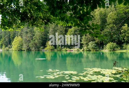 Una vista panoramica di una barca che riposa sul lago Alatsee e gli alberi verdi che si riflettono nelle sue acque verde smeraldo in una bella giornata di agosto a Bad Faulenbach (Bava Foto Stock