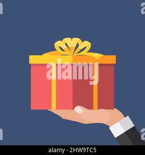 Mano con Gift Box Flat Design. Regalo, regalo, oupon concetto. Illustrazione Foto Stock