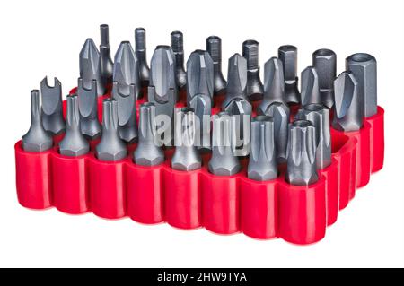 Kit di punte per viti a testa esagonale o Torx in acciaio in scatola rossa isolate su sfondo bianco. Diversi cacciaviti a stella sostituibili in supporto in plastica. Foto Stock