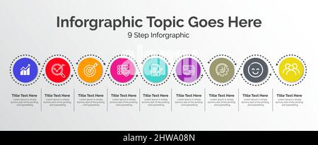 Modello di progettazione di infografica a 9 fasi - grafico, grafico a torta, layout del flusso di lavoro, diagramma ciclistico, brochure, Report, presentazione, web design, Editable, Vector Illustrazione Vettoriale