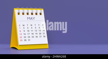 Modello di calendario mensile del desktop a spirale 2022: 2022 maggio 3D pagina data planner resa su sfondo blu molto peri con spazio di copia. Set di 12 mesi Foto Stock