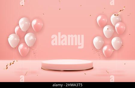 Piedistallo in oro rosa su sfondo rosa pastello naturale con palloncini da festa. Elegante espositore da podio vuoto per la presentazione di prodotti cosmetici, moda mag Foto Stock