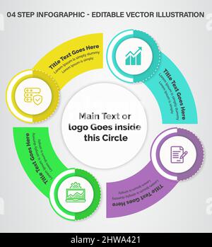 Modello di progettazione di infografica a 4 fasi - grafico, grafico a torta, layout del flusso di lavoro, diagramma ciclistico, brochure, Report, presentazione, web design, Editable, Vector Illustrazione Vettoriale