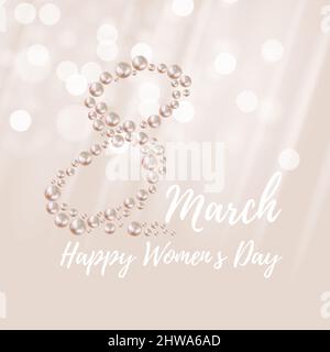 8 marzo Happy Womens giorno di congratulazioni sfondo carta con perle realistiche. Illustrazione Foto Stock