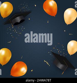 Classe di graduazione con sfondo blu con cappello e confetti. Illustrazione Foto Stock