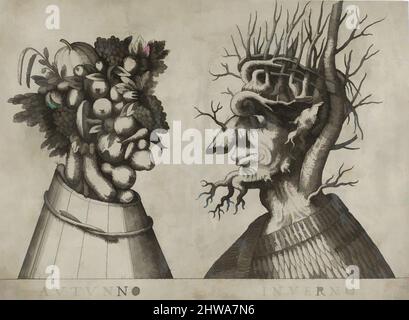 Arte ispirata all'autunno e all'inverno: Due teste di flora tipica di quelle stagioni, artista, ispirato a Giuseppe Arcimboldo, opere classiche modernizzate da Artotop con un tuffo di modernità. Forme, colore e valore, impatto visivo accattivante sulle emozioni artistiche attraverso la libertà delle opere d'arte in modo contemporaneo. Un messaggio senza tempo che persegue una nuova direzione selvaggiamente creativa. Artisti che si rivolgono al supporto digitale e creano l'NFT Artotop Foto Stock