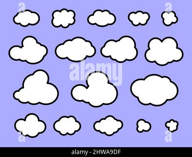 Icone fumetto su sfondo blu cielo in stile lineare per stampa e design. Illustrazione vettoriale. Illustrazione Vettoriale