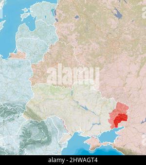 Avanzamento delle truppe russe sul suolo ucraino. Mappa della situazione di guerra in Ucraina. Posizione delle truppe russe. 3d rendering Foto Stock