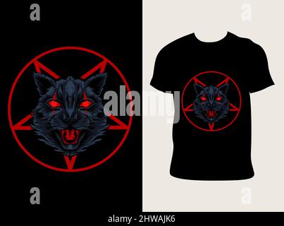 illustrazione vettore demoniaca testa di gatto con t shirt design Illustrazione Vettoriale