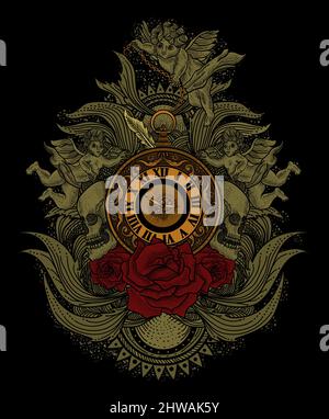 illustrazione orologio gotico vettoriale con ornamento da incisione Illustrazione Vettoriale