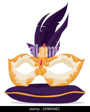 Lussuosa semimaschera Colombina con decorazioni dorate, pietre preziose e piume viola, appoggiata su un elegante cuscino. Illustrazione Vettoriale