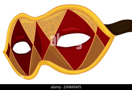 Harlequin design in maschera Colombina, decorata con rombo rosso su giallo e corda, pronta per il Carnevale di Venezia. Illustrazione Vettoriale