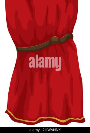 Elegante tenda rossa legata con cintura in pelle e decorata con nastro dorato nel fondo. Design isolato in stile cartone animato. Illustrazione Vettoriale