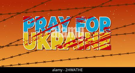 Sfondo orizzontale pregare per l'Ucraina. Concetto di preghiera bandiera Ucraina con illustrazione del vettore filo di Barb. Illustrazione Vettoriale
