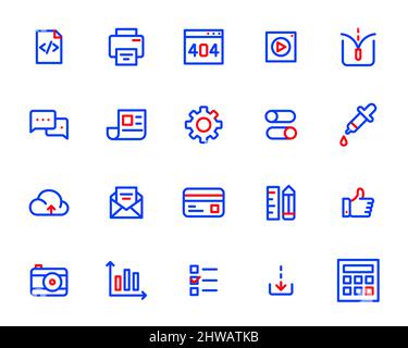 Semplice linea ART due icone ui a colori impostate. HTML, stampa, file video, decompressione, chat e altri. Icone tratto modificabili pixel Perfect Illustrazione Vettoriale