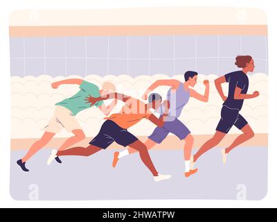 Gruppo di atleti che corrono velocemente in allenamento o in competizione. Illustrazione Vettoriale