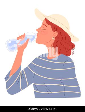 Ragazza con testa rossa con greckles e un cappello che beve acqua dalla bottiglia Illustrazione Vettoriale