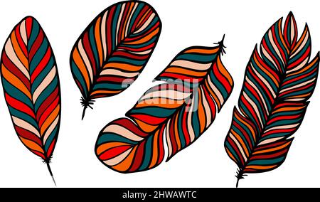 set di piume diverse manoscritte in modo colorato 2 Illustrazione Vettoriale