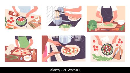 Le persone cucinano il cibo, preparano il pasto. Vari piatti di verdure Illustrazione Vettoriale