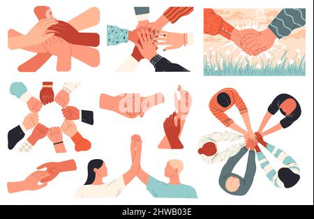 Set di mani. Le persone si uniscono, si sostengono a vicenda. Illustrazione Vettoriale