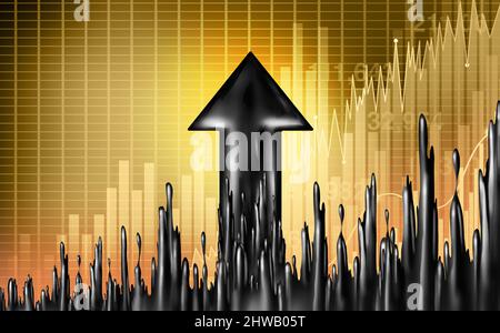 Petrolio aumentare il prezzo del carburante e del gas concetto di aumento come petrolio greggio nero liquido come una freccia verso l'alto in un simbolo per l'aumento dei prezzi dell'energia fossile. Foto Stock