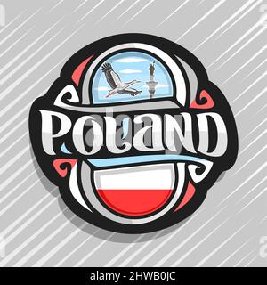 Il logo del vettore per la Polonia paese, frigo magnete con bandiera polacca, spazzola originale carattere tipografico per word Polonia e simboli polacco - Sigismondo la colonna in guerra Illustrazione Vettoriale