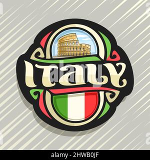 Il logo del vettore per l'Italia, frigo magnete con bandiera italiana, spazzola originale carattere tipografico per parola italia e simbolo italiano - antica pietra miliare romano col Illustrazione Vettoriale