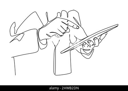 Disegno continuo su una riga di un primo piano di un uomo utilizzando un tablet con schermo touch. Disegno a mano con linee sottili, illustrazioni vettoriali. Illustrazione Vettoriale
