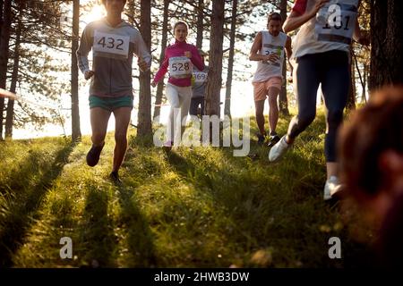 Gruppo sano di persone che attraversano la foresta. Maratona nella foresta. Sport, corsa, concetto di maratona. Foto Stock
