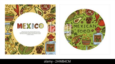 Cucina messicana, striscione vettoriale per il cibo a base di barbatella. Piatti nazionali speziati, fast food, snack. Illustrazione dello schizzo per il ristorante, il menu, la caffetteria. Fiesta mexicana Illustrazione Vettoriale