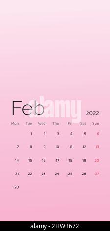 Data di inizio lunedì del calendario di febbraio 2022 per la settimana di progettazione aziendale del modello. Vettore Illustrazione Vettoriale