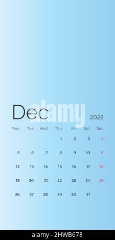 Dicembre 2022 calendario pianificazione set per modello corporate design settimana inizio lunedì. Vettore Illustrazione Vettoriale