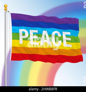 Bandiera del movimento di pace, simbolo internazionale con arcobaleno sullo sfondo, illustrazione vettoriale Illustrazione Vettoriale