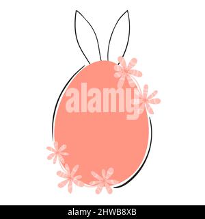 Coniglietto dietro l'uovo di Pasqua e fiori rosa intorno all'uovo. Illustrazione vettoriale. Illustrazione Vettoriale