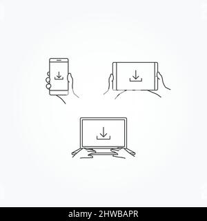 Icona di download su telefono, tablet e notebook Illustrazione Vettoriale