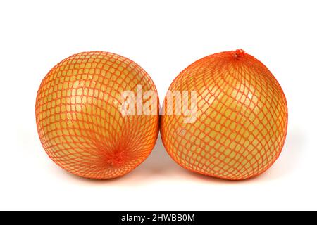 Pomelo perfettamente ritoccato su sfondo bianco. Foto ad alta risoluzione. Profondità di campo completa. Foto Stock