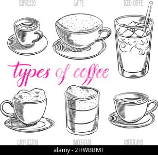 set di diversi tipi di caffè. illustrazione disegnata a mano Illustrazione Vettoriale