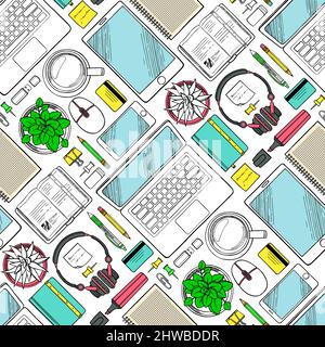 Modello senza intoppi con elementi disegnati a mano del lavoro e vista dall'alto aziendale. Sfondo dello schizzo sul luogo di lavoro Illustrazione Vettoriale