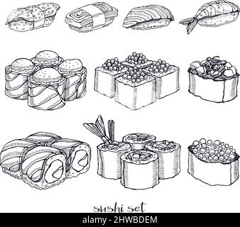 Set di diversi tipi di deliziosi panini e sushi. Illustrazione disegnata a mano Illustrazione Vettoriale