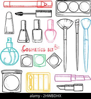 set di cosmetici decorativi per donna. illustrazione disegnata a mano Illustrazione Vettoriale