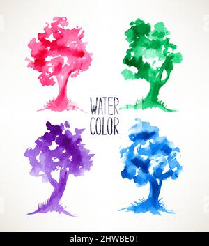 Con quattro splendidi alberi colorati ad acquerello. Illustrazione disegnata a mano Illustrazione Vettoriale