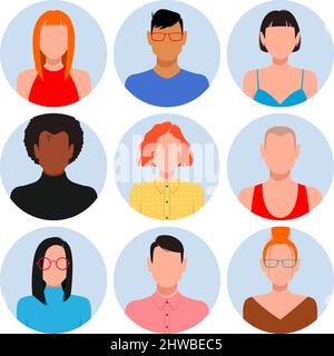 Persone con facce vuote avatar set . Diversi colori della pelle, capelli e vestiti Illustrazione Vettoriale